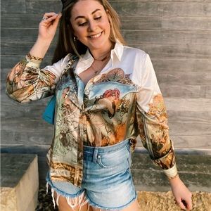 Alphonse Mucha Print Long Sleeve Button Down Shirt